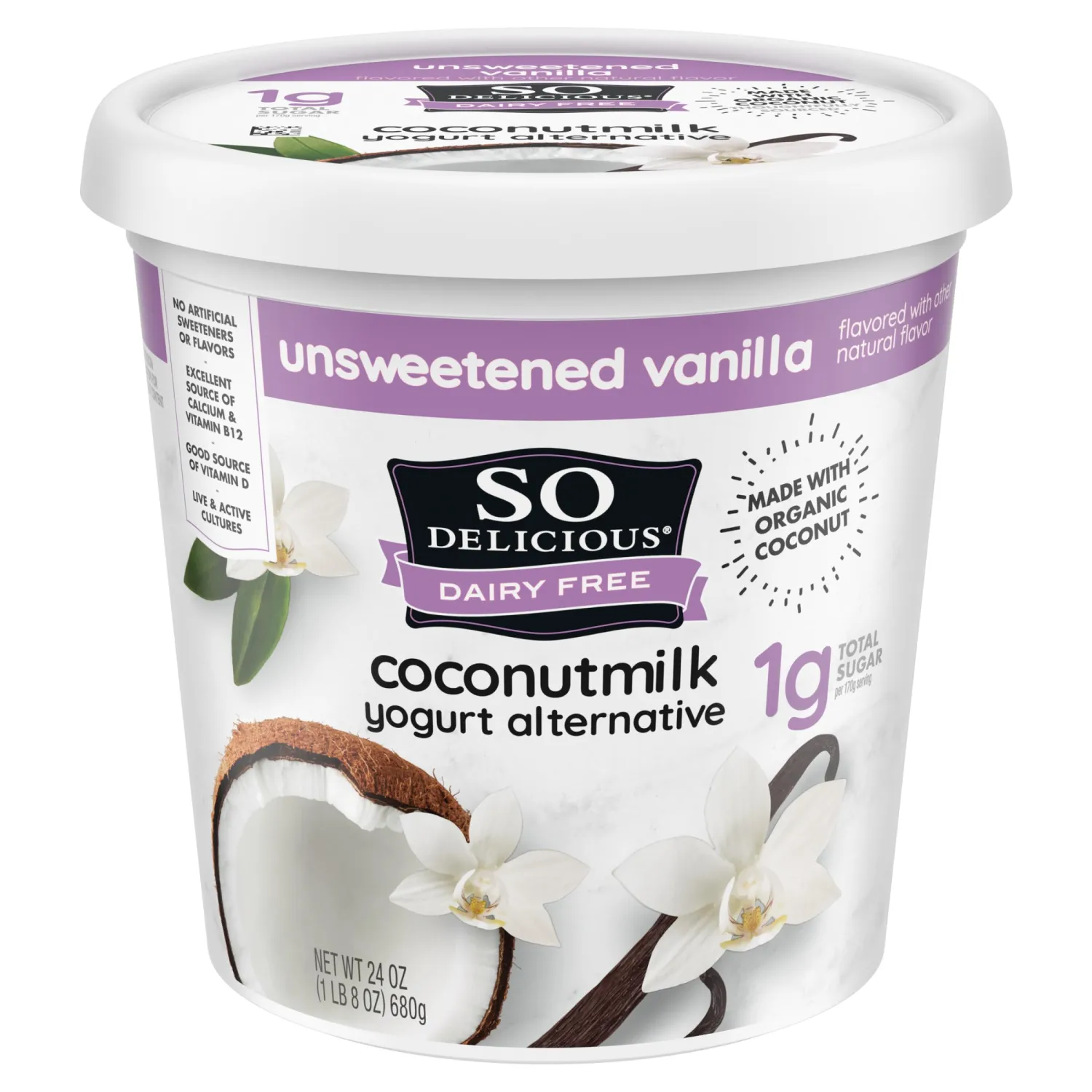 So Delicious Dairy Free Coconut Milk Yogurt Alternative, Unsweetened, Vanilla, Vegan, Gluten Free, Non-GMO, Creamy Plant Based Yogurt Alternative, 24 oz Container
