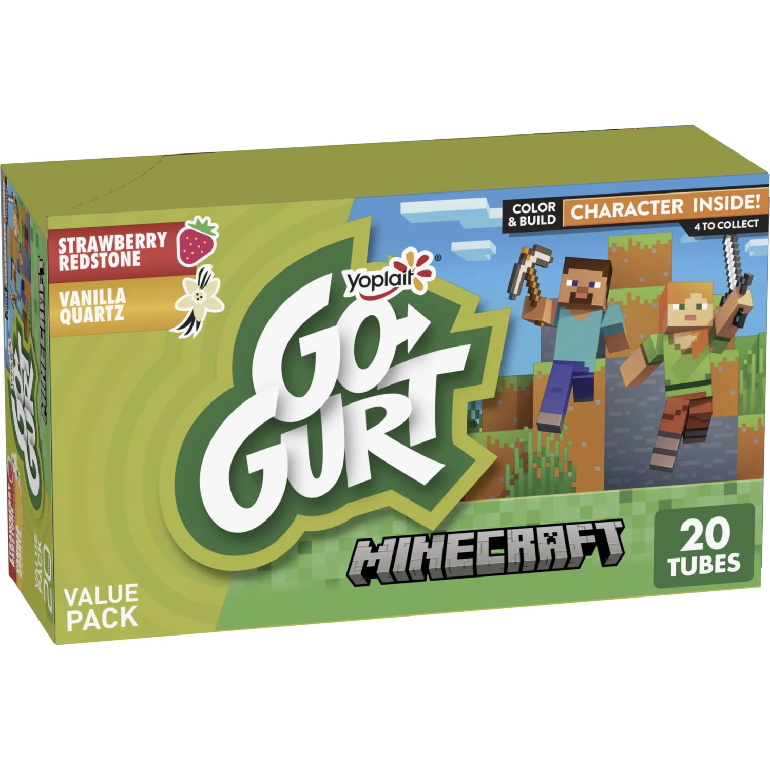 Go-GURT Minecraft Strawberry Redstone, Vanilla Quartz Kids Fat Free Yogurt, Minecraft Shop Offer On Box, Gluten Free, Value Pack, 2 oz Tubes, 20 Count