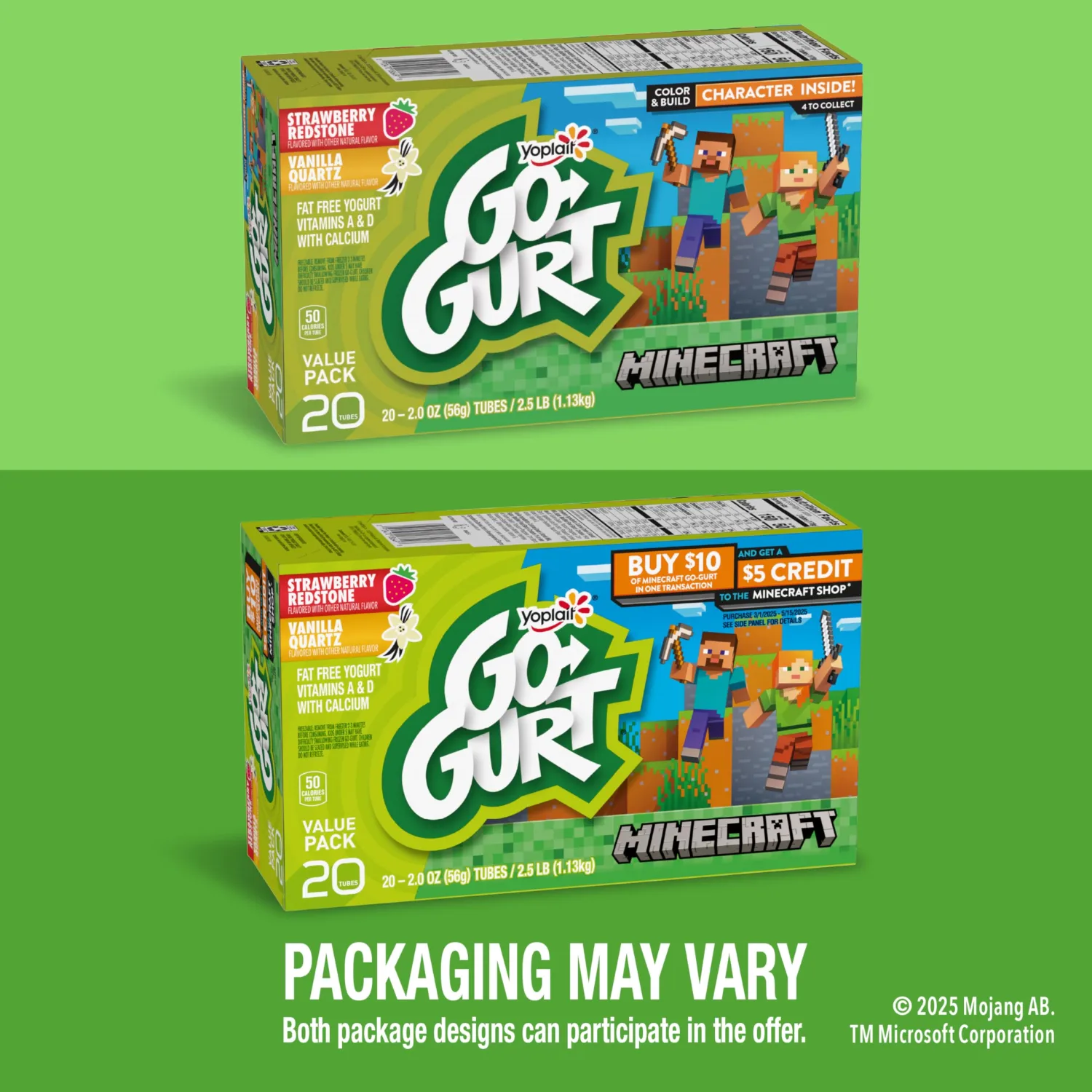 Go-GURT Minecraft Strawberry Redstone, Vanilla Quartz Kids Fat Free Yogurt, Minecraft Shop Offer On Box, Gluten Free, Value Pack, 2 oz Tubes, 20 Count