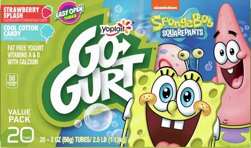 Go-GURT SpongeBob SquarePants Strawberry Splash and Cool Cotton Candy Kids Fat Free Yogurt Variety Pack, Gluten Free, 2 oz Yogurt Tubes (20 Ct)