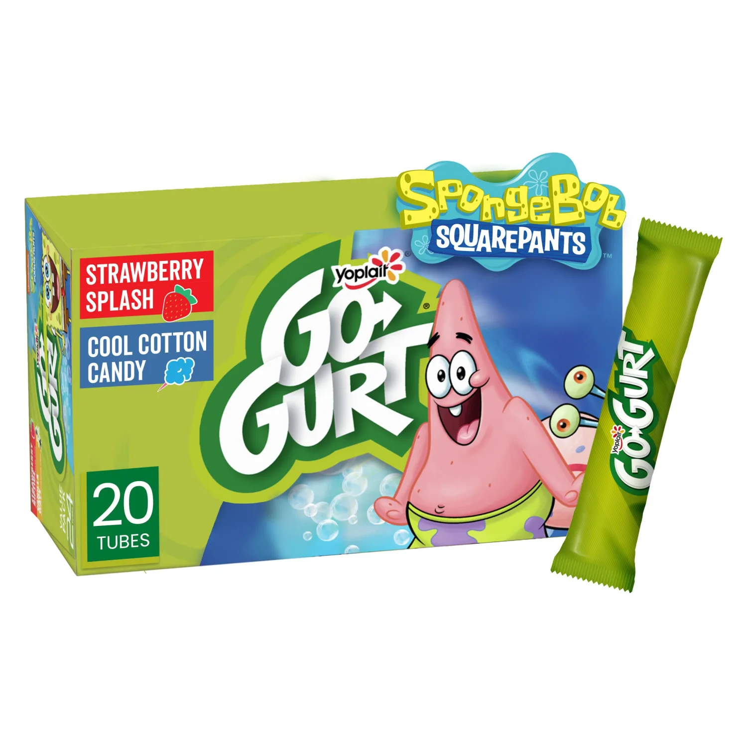 Go-GURT SpongeBob SquarePants Strawberry Splash and Cool Cotton Candy Kids Fat Free Yogurt Variety Pack, Gluten Free, 2 oz Yogurt Tubes (20 Ct)