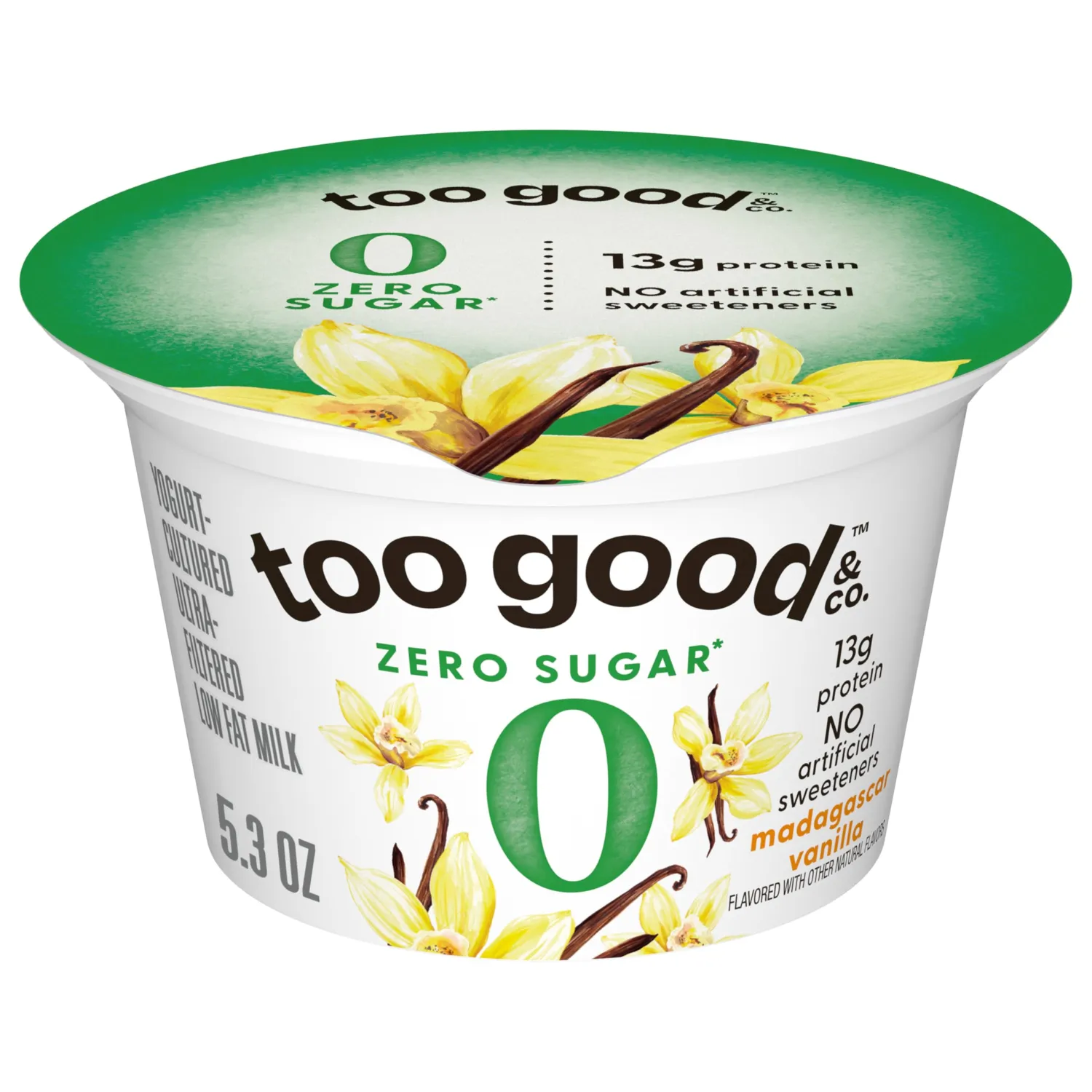 Too Good & Co. Zero Sugar Vanilla Yogurt-Cultured Ultra-Filtered Low Fat Milk Product, Gluten Free, Keto Friendly, 5.3 OZ Cup