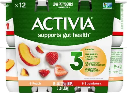 ACTIVIA Probiotic Lowfat Yogurt, Variety Pack, Peach & Strawberry, Non-GMO Project Verified, 4 Oz, Pack of 12