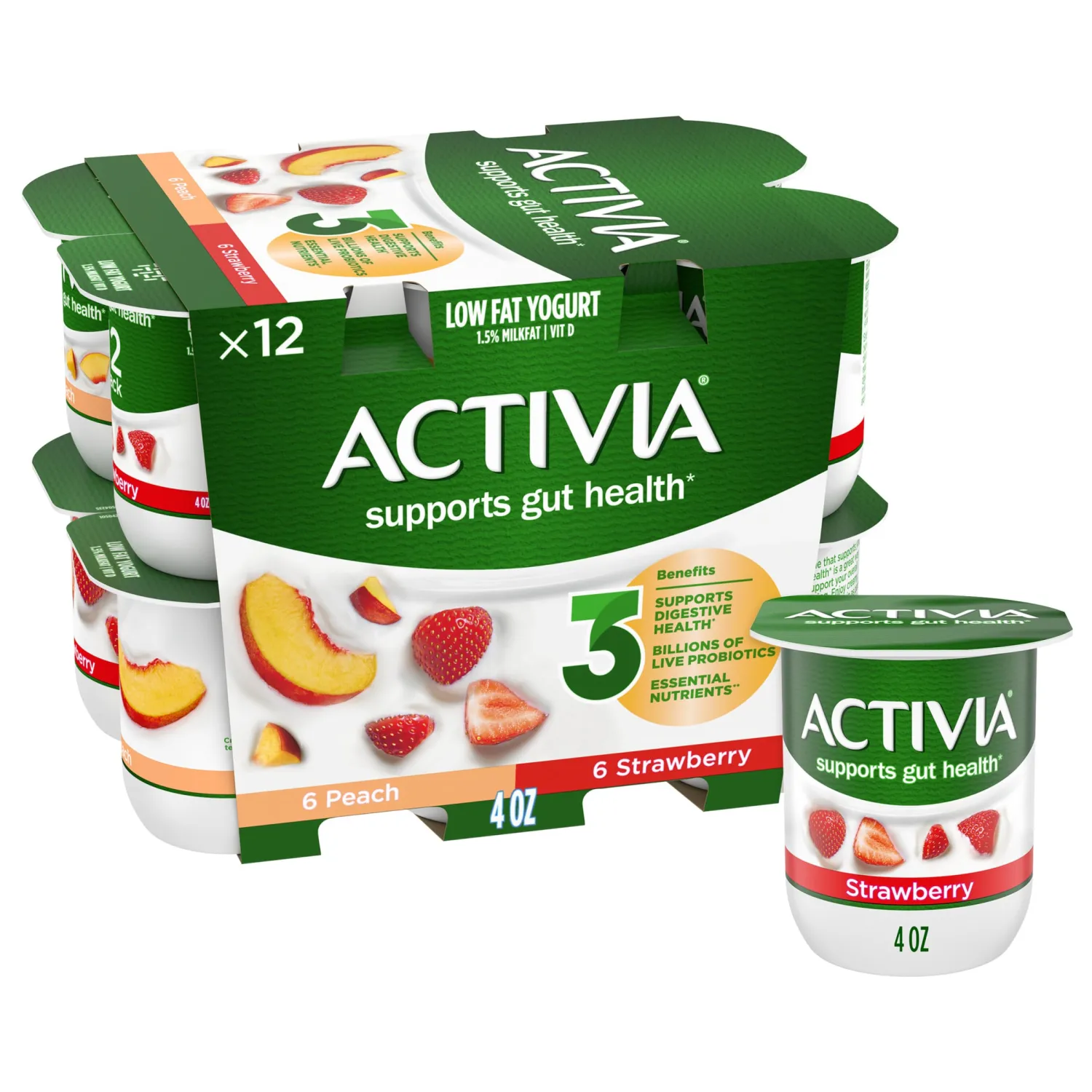 ACTIVIA Probiotic Lowfat Yogurt, Variety Pack, Peach & Strawberry, Non-GMO Project Verified, 4 Oz, Pack of 12