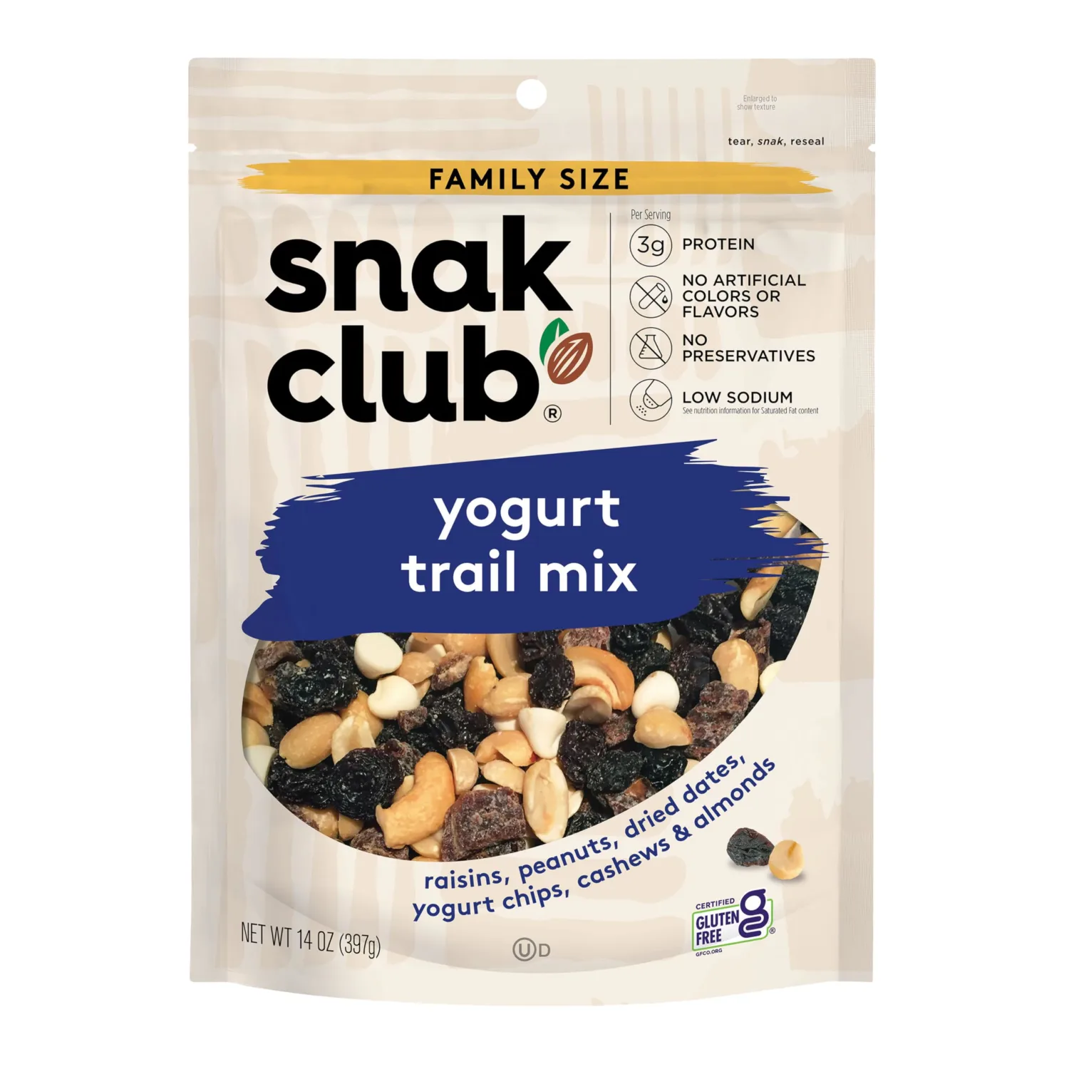 Snak Club Yogurt Trail Mix with Raisins, Peanuts, Dried Dates, Yogurt Chips, Cashews, and Almonds, Gluten-Free and Kosher Snack, 14 oz Resealable Bag