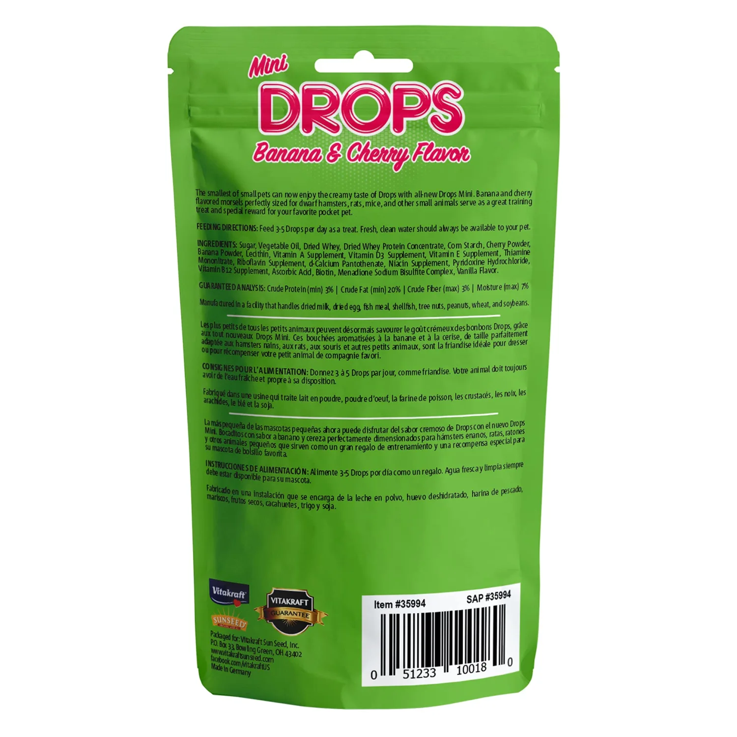 Vitakraft Drops Mini Banana and Cherry Flavor Dwarf Hamster Rat and Mouse Treat 2.5 oz