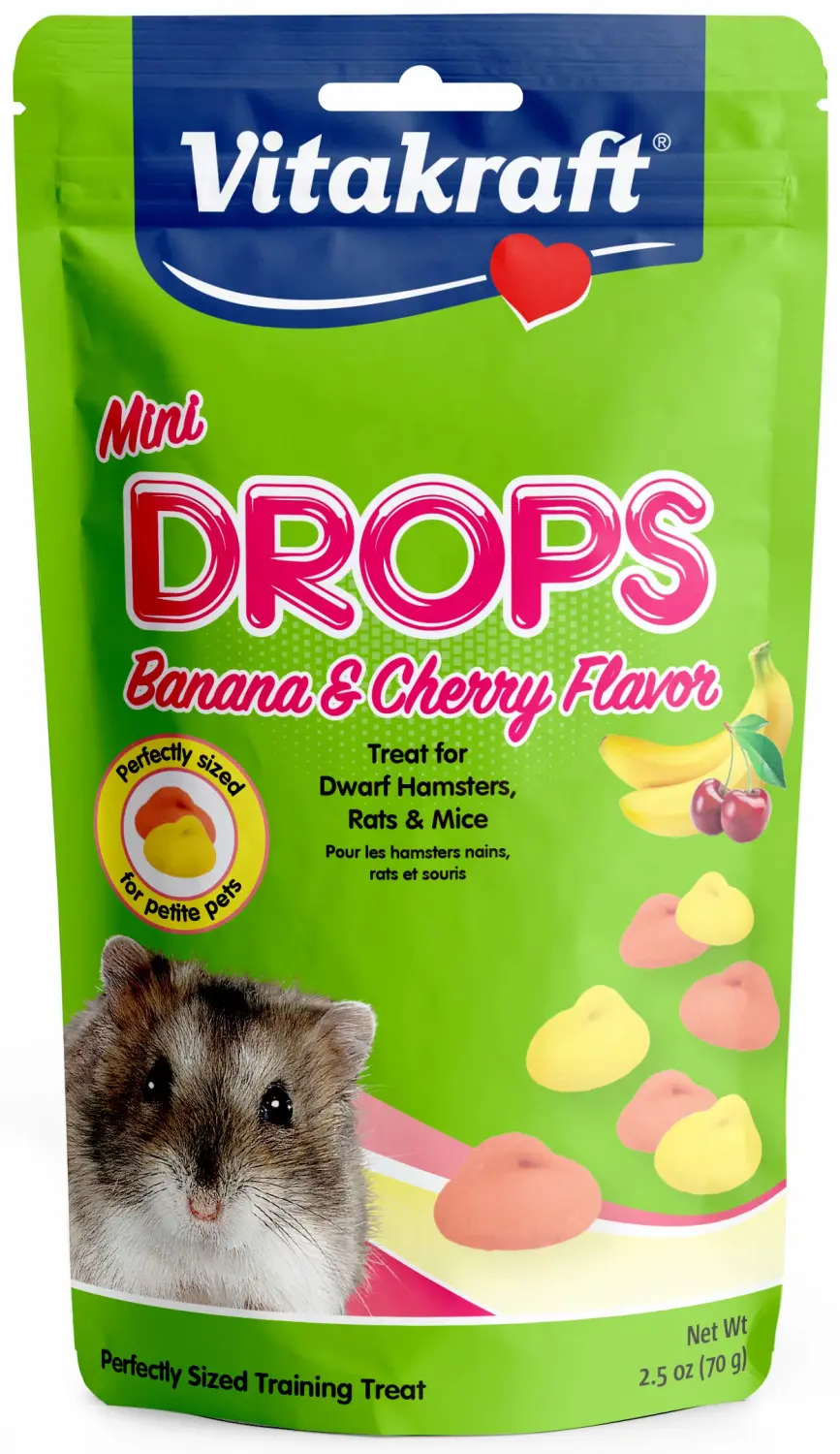 Vitakraft Drops Mini Banana and Cherry Flavor Dwarf Hamster Rat and Mouse Treat 2.5 oz