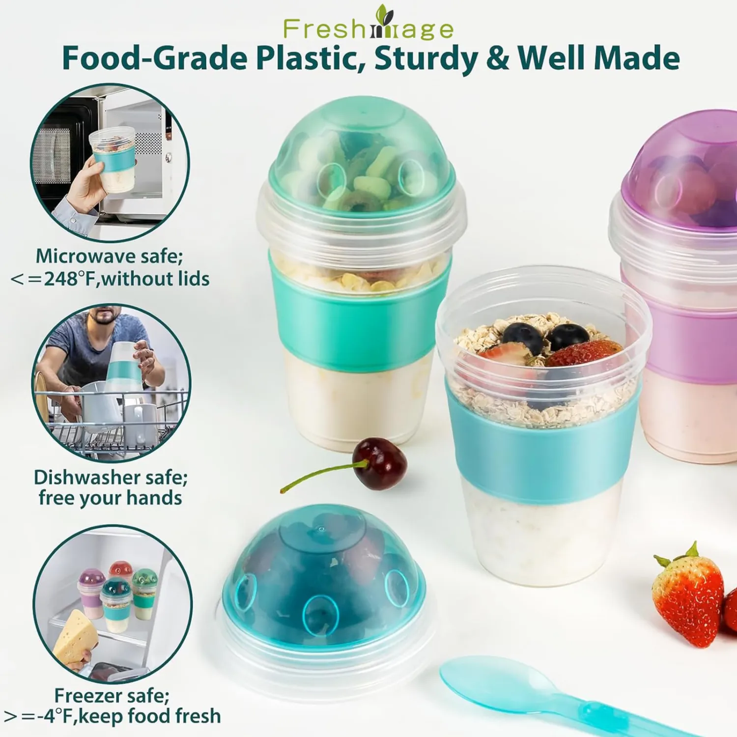 Freshmage Yogurt Parfait Cups with Lids, 2 Pack 20 oz Reusable Overnight Oats Containers with Lids, Topping Compartment & Spoon to Go for Breakfast Meal Prep, Portable & Lightweight (Blue&Green)