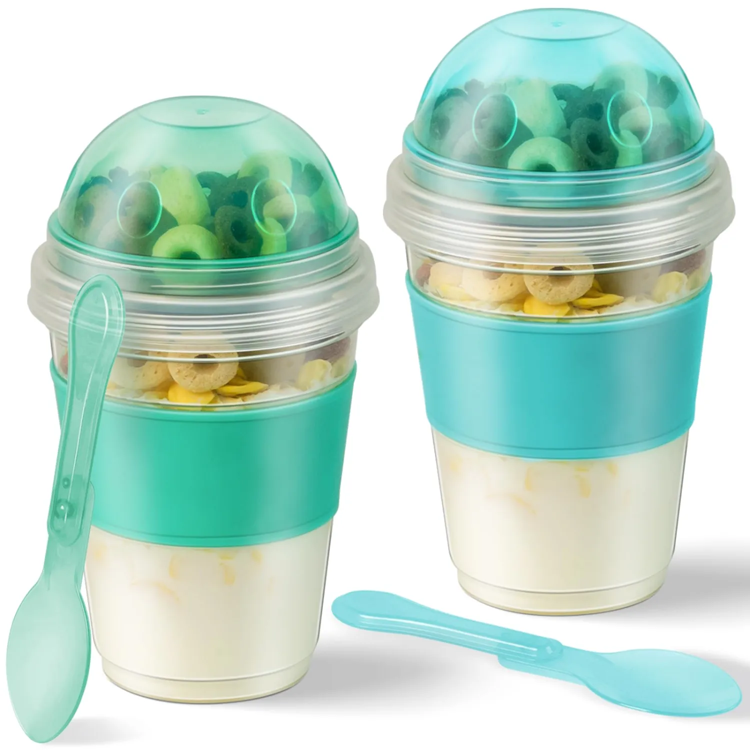 Freshmage Yogurt Parfait Cups with Lids, 2 Pack 20 oz Reusable Overnight Oats Containers with Lids, Topping Compartment & Spoon to Go for Breakfast Meal Prep, Portable & Lightweight (Blue&Green)