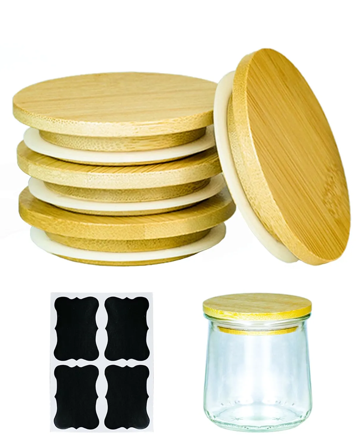 4 Pack Oui Yogurt Jar Lids with 4 Labels, Food-Grade Bamboo Lids for 5Oz Oui Yogurt Jars, Reusable Wooden Canning Covers Perfect for Oui Yogurt Bottle with Airtight Seal Ring(Jar not Included)