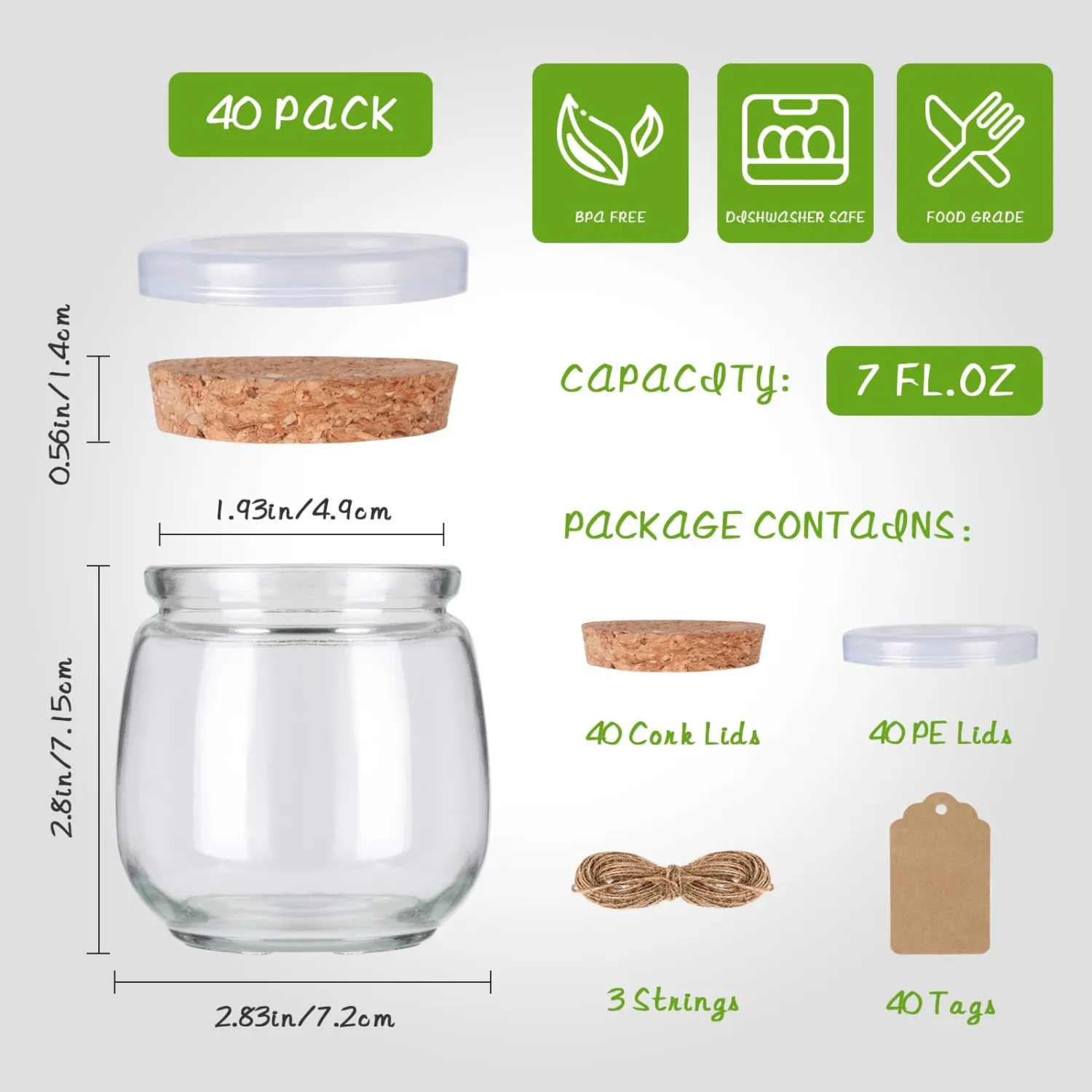 40 Pack 7 oz Glass Yogurt Jars with Cork Lids and PE Lids, Small Glass Pudding Jars, Glass Jars for Wedding Favors, Milk, Jams and DIY Gift, Label, Tags and Twine included
