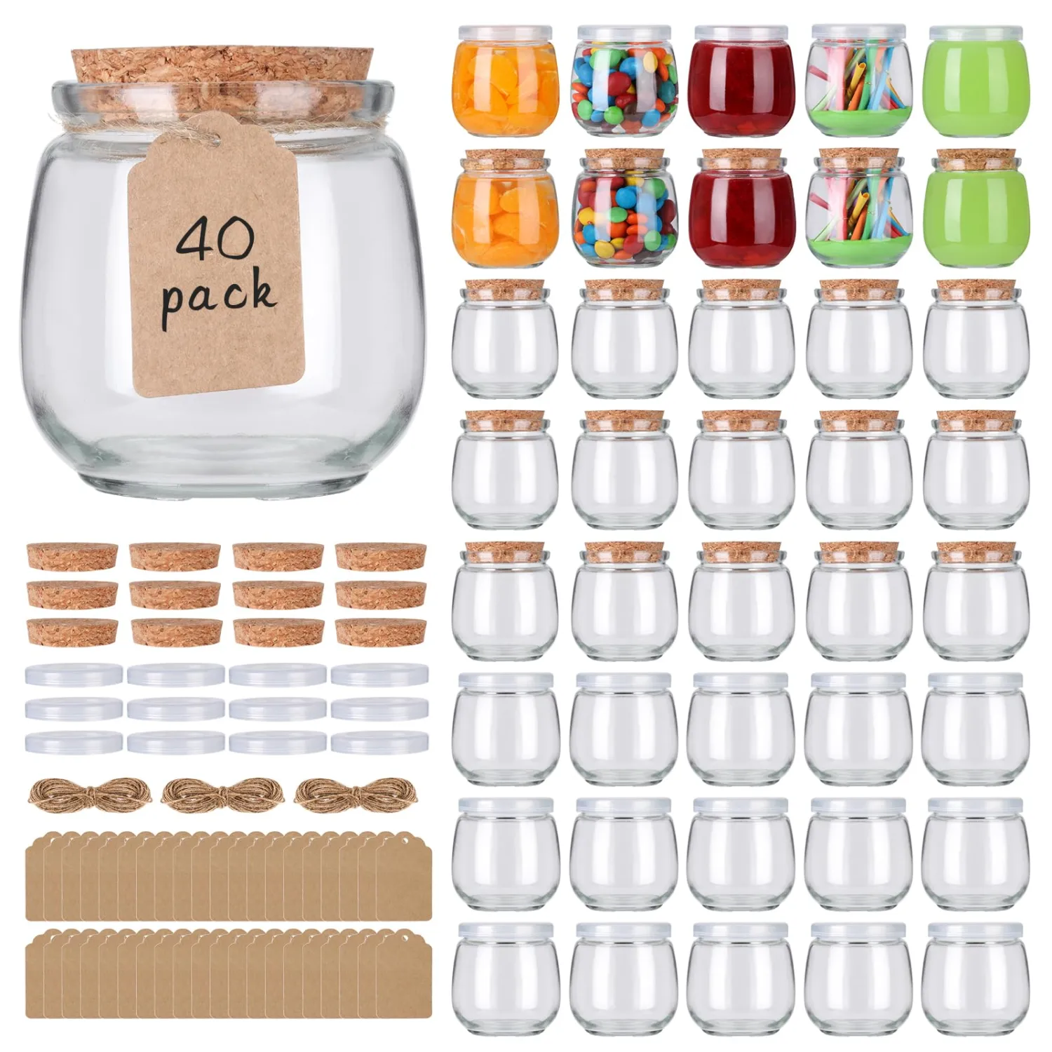 40 Pack 7 oz Glass Yogurt Jars with Cork Lids and PE Lids, Small Glass Pudding Jars, Glass Jars for Wedding Favors, Milk, Jams and DIY Gift, Label, Tags and Twine included