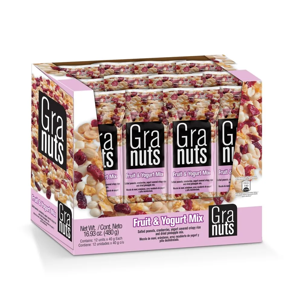 Granuts Fruit & Yogurt Mix | Crispy, Yogurt-Covered Rice | Peanuts, Cranberries, & Pineapple | On-the-Go Snack | Delicious Flavors | 1.41 Oz (12 Inner Packs)