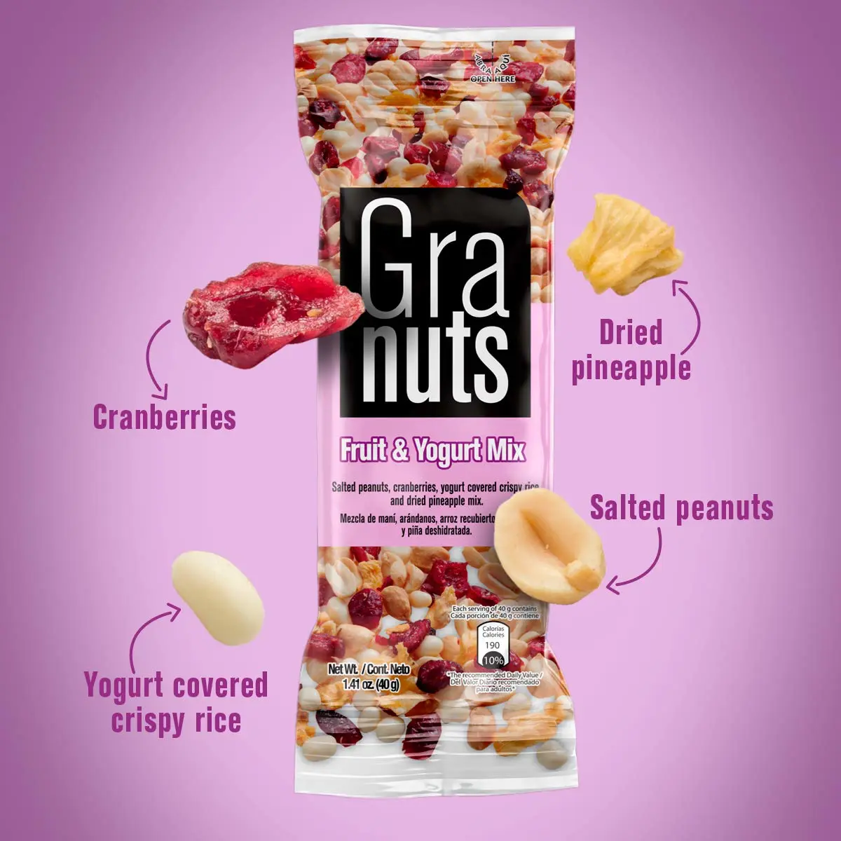 Granuts Fruit & Yogurt Mix | Crispy, Yogurt-Covered Rice | Peanuts, Cranberries, & Pineapple | On-the-Go Snack | Delicious Flavors | 1.41 Oz (12 Inner Packs)