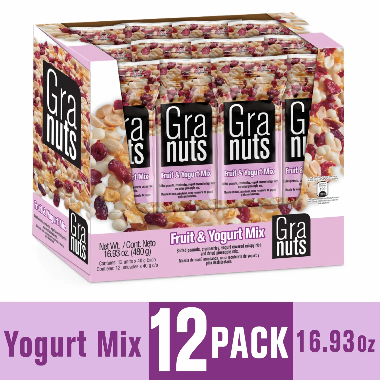 Granuts Fruit & Yogurt Mix | Crispy, Yogurt-Covered Rice | Peanuts, Cranberries, & Pineapple | On-the-Go Snack | Delicious Flavors | 1.41 Oz (12 Inner Packs)