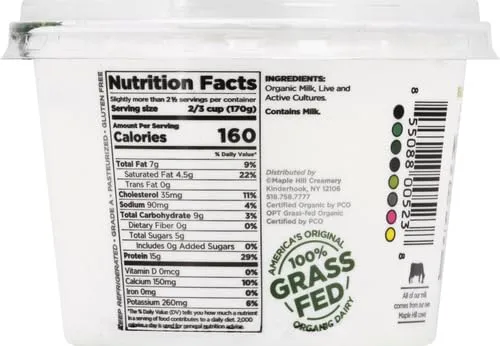 Maple Hill Crea mery, 100% Grass Fed Organic, Plain Kosher Greek Yogurt, 16 Ounce