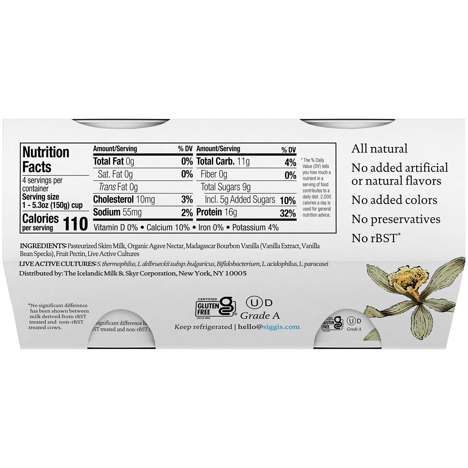 Siggi's Vanilla Non Fat Yogurt 4 Pack, 21.2 OZ
