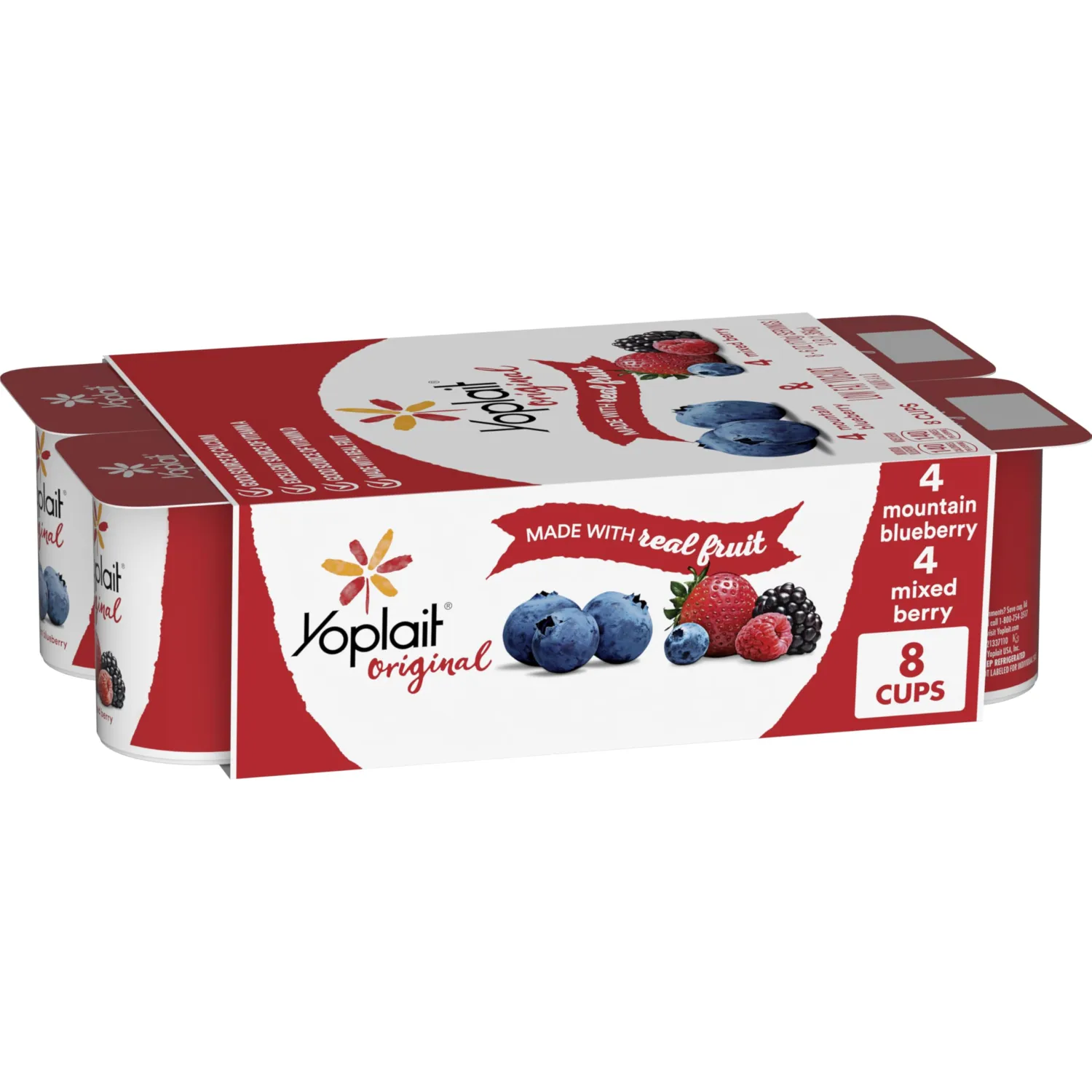 Yoplait Original Low Fat Yogurt Variety Pack, Mountain Blueberry and Mixed Berry, Made with Real Fruit, 8 Yogurt Cups, 48 oz