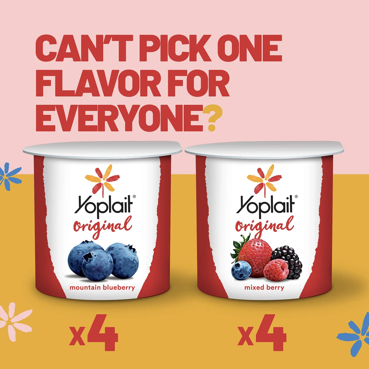 Yoplait Original Low Fat Yogurt Variety Pack, Mountain Blueberry and Mixed Berry, Made with Real Fruit, 8 Yogurt Cups, 48 oz