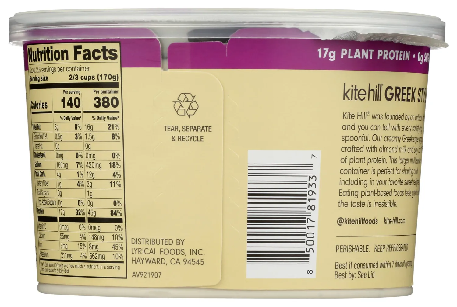 Kite Hill Vanilla Unsweetened Greek Syle Yogurt, 16 OZ