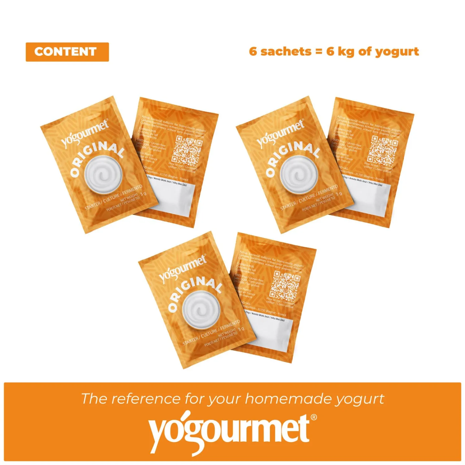 Yogourmet Yogurt Starter (6 Sachets = 6 Quarts of Yogurt) - Make Yogurt at Home - Starter Culture - All Natural, Gluten Free, Kosher, Halal - 3 g Sachets