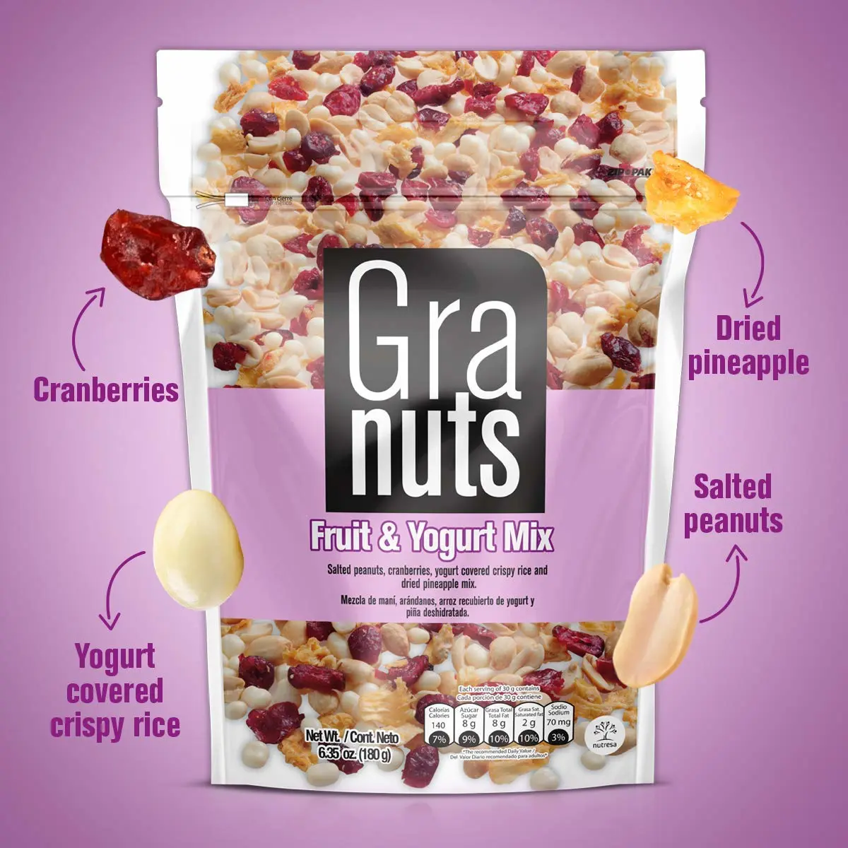 Granuts Fruit & Yogurt Mix Family Pack | Crispy, Yogurt-Covered Rice | Peanuts, Cranberries, & Pineapple | Delicious Snack | 6.35 Oz (Pack of 1)