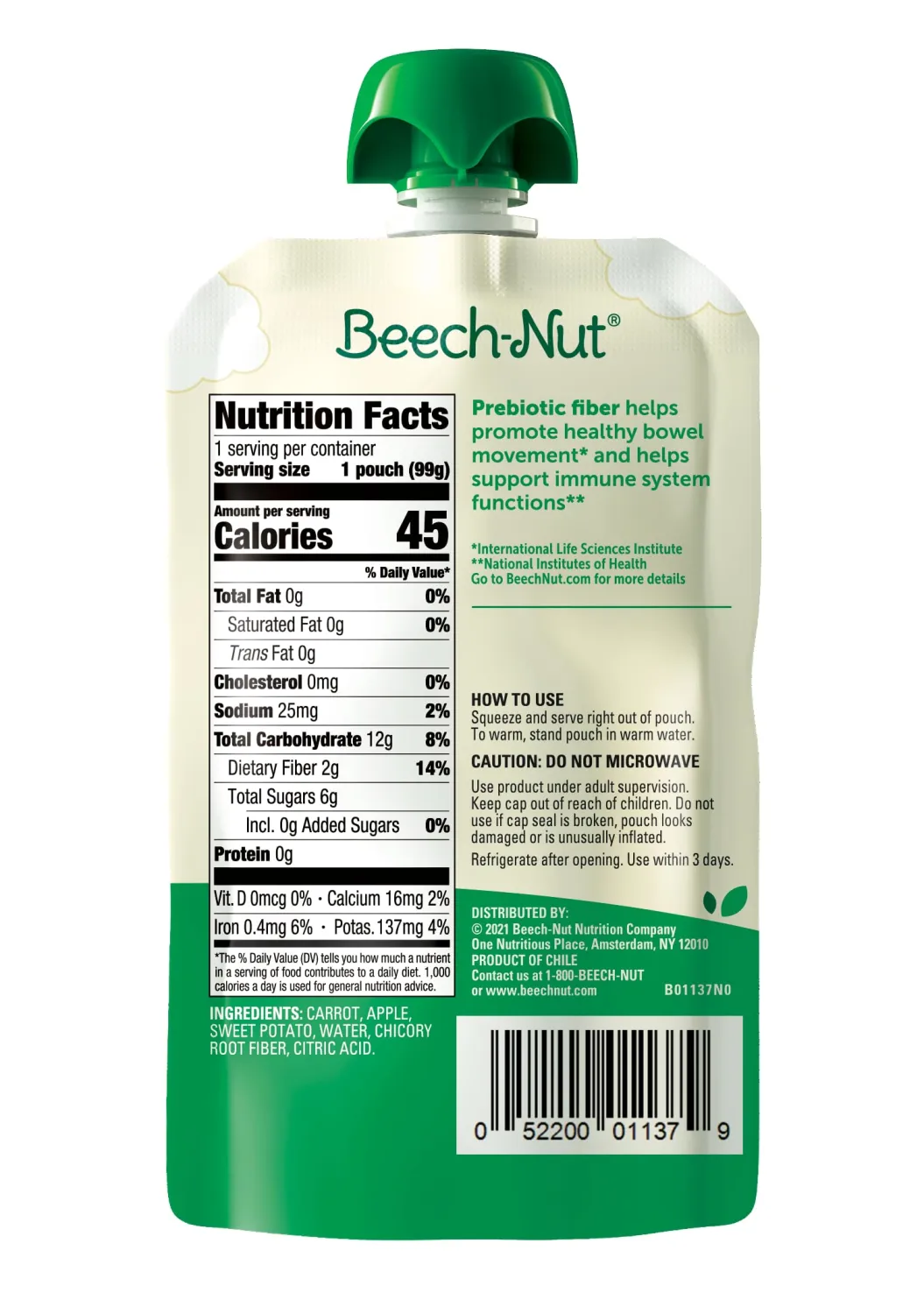Beech-Nut Baby & Toddler Food Pouches with Prebiotic Fiber, Carrot Apple & Sweet Potato, 3.5 oz (12 Pack)