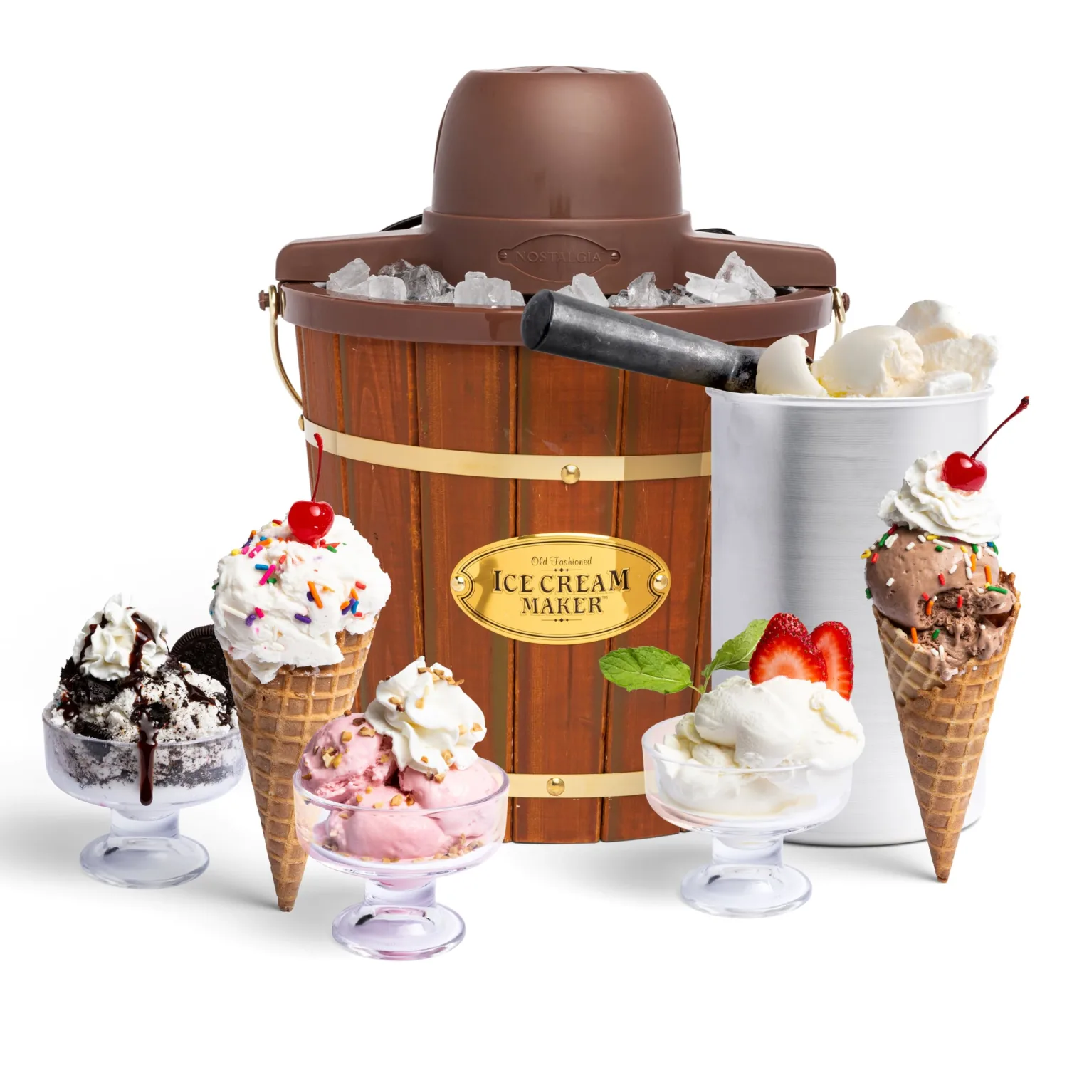 Nostalgia Electric Ice Cream Maker - Old Fashioned Soft Serve Ice Cream Machine Makes Frozen Yogurt or Gelato in Minutes - Fun Kitchen Appliance - Vintage Wooden Style - Dark Wood - 4 Quart