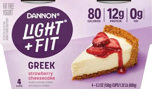 Dannon Light + Fit Greek Strawberry Cheesecake Fat Free Yogurt, Creamy and Delicious Gluten Free Yogurt, 4 Ct, 5.3 OZ Yogurt Cups