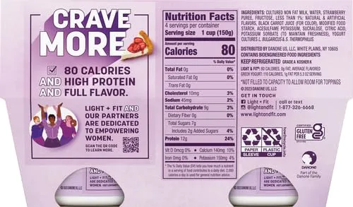 Dannon Light + Fit Greek Strawberry Cheesecake Fat Free Yogurt, Creamy and Delicious Gluten Free Yogurt, 4 Ct, 5.3 OZ Yogurt Cups