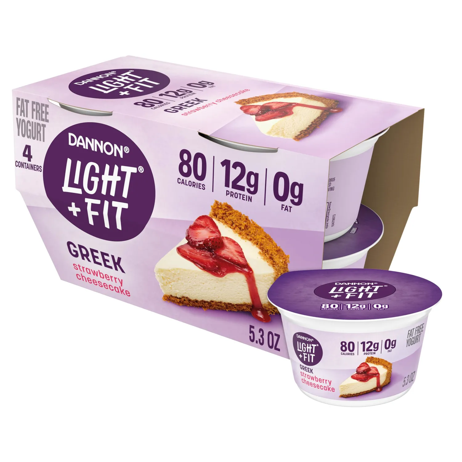 Dannon Light + Fit Greek Strawberry Cheesecake Fat Free Yogurt, Creamy and Delicious Gluten Free Yogurt, 4 Ct, 5.3 OZ Yogurt Cups