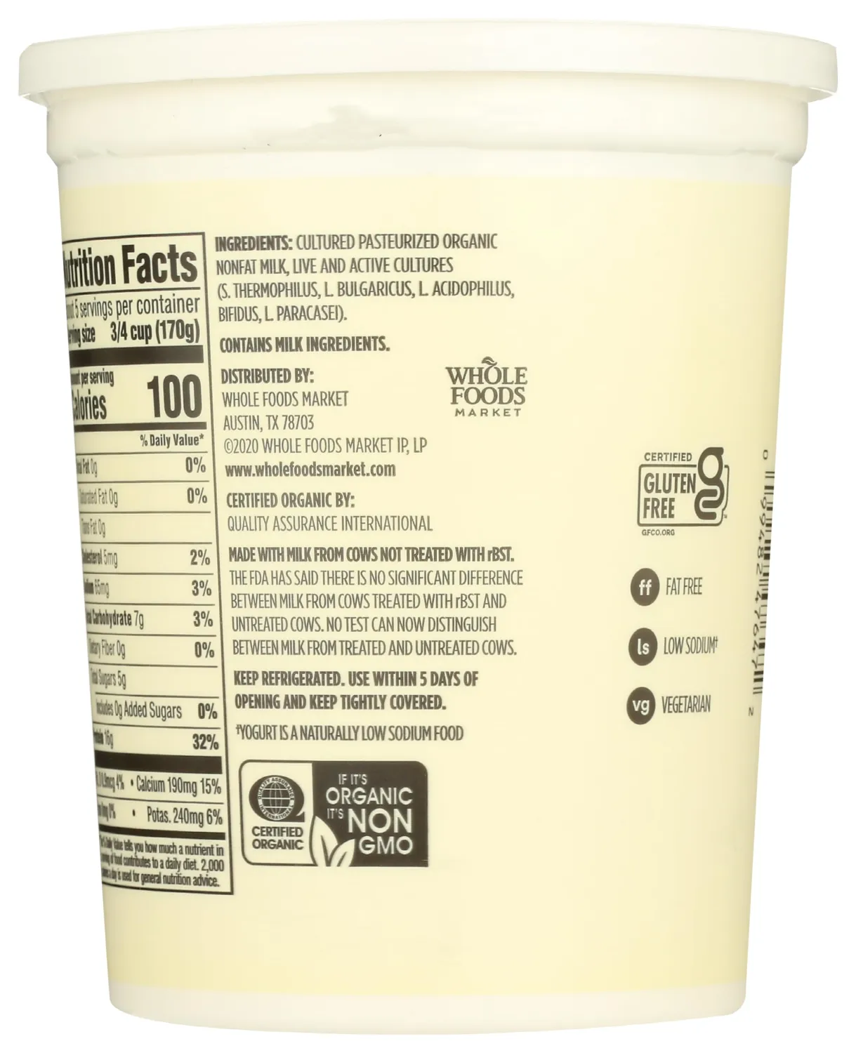 365 by Whole Foods Market, Yogurt Greek Plain Non Fat Organic, 32 Ounce