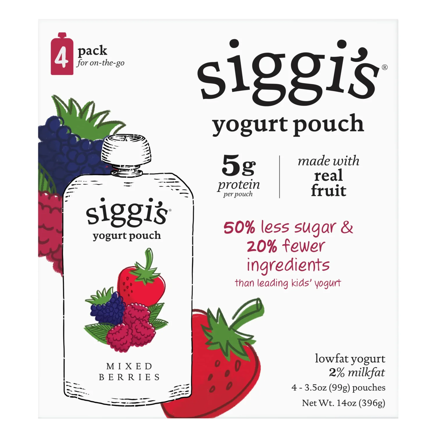siggi's Kids Lowfat Yogurt Pouches, Mixed Berries, 3.5 oz. Each, 4 Ct – 2% Milkfat