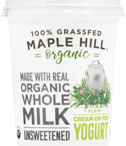 Maple Hill Creamery Organic Cream on Top Yogurt - USDA Organic Whole Milk Yogurt – Unsweetened No Sugar Added– 100% Certified Grass-Fed Yogurt, Plain, 32 oz