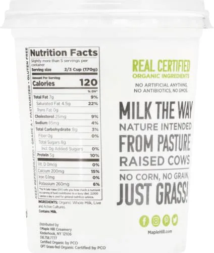 Maple Hill Creamery Organic Cream on Top Yogurt - USDA Organic Whole Milk Yogurt – Unsweetened No Sugar Added– 100% Certified Grass-Fed Yogurt, Plain, 32 oz