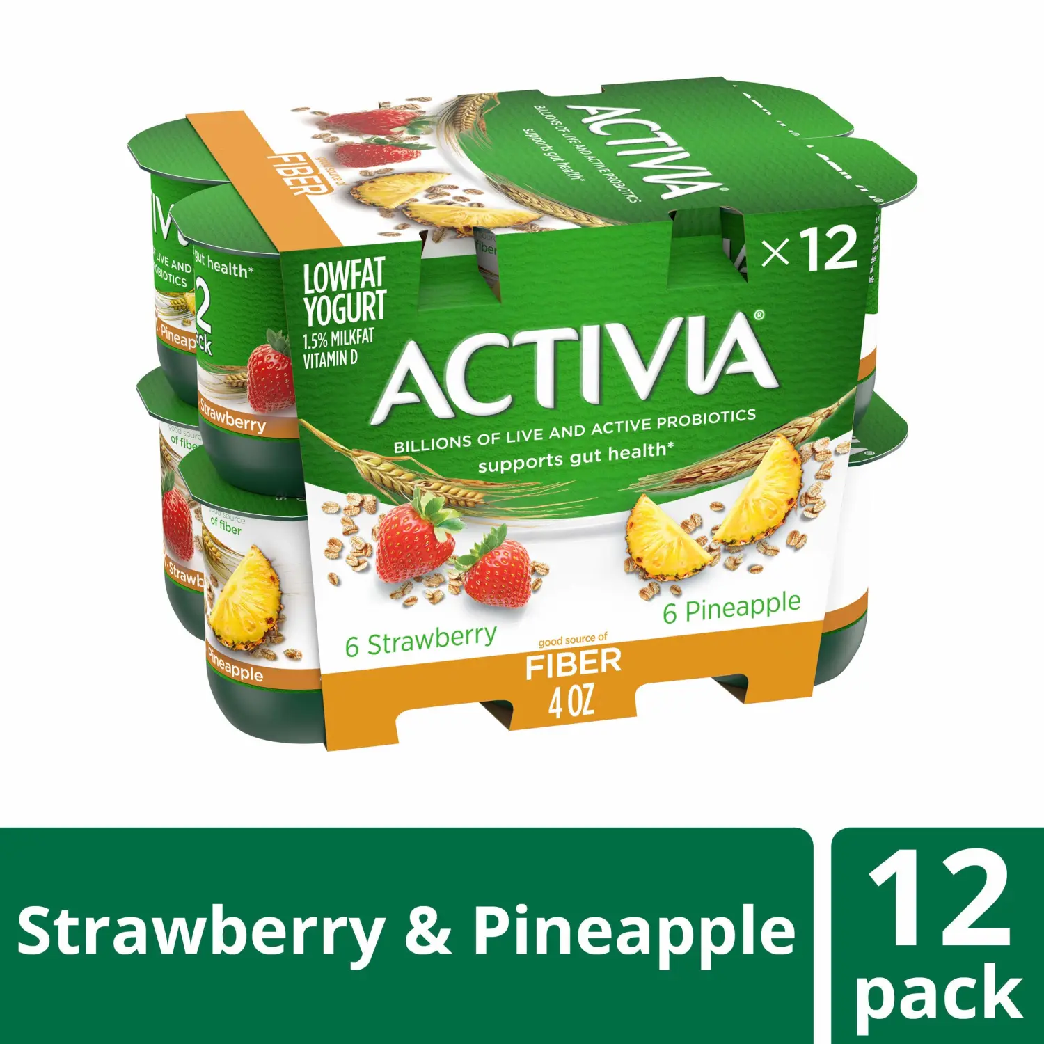 Activia Fiber Probiotic Low Fat Yogurt, Variety Pack, Strawberry & Pineapple, Non-GMO Project Verified, 4 oz., 12 Pack