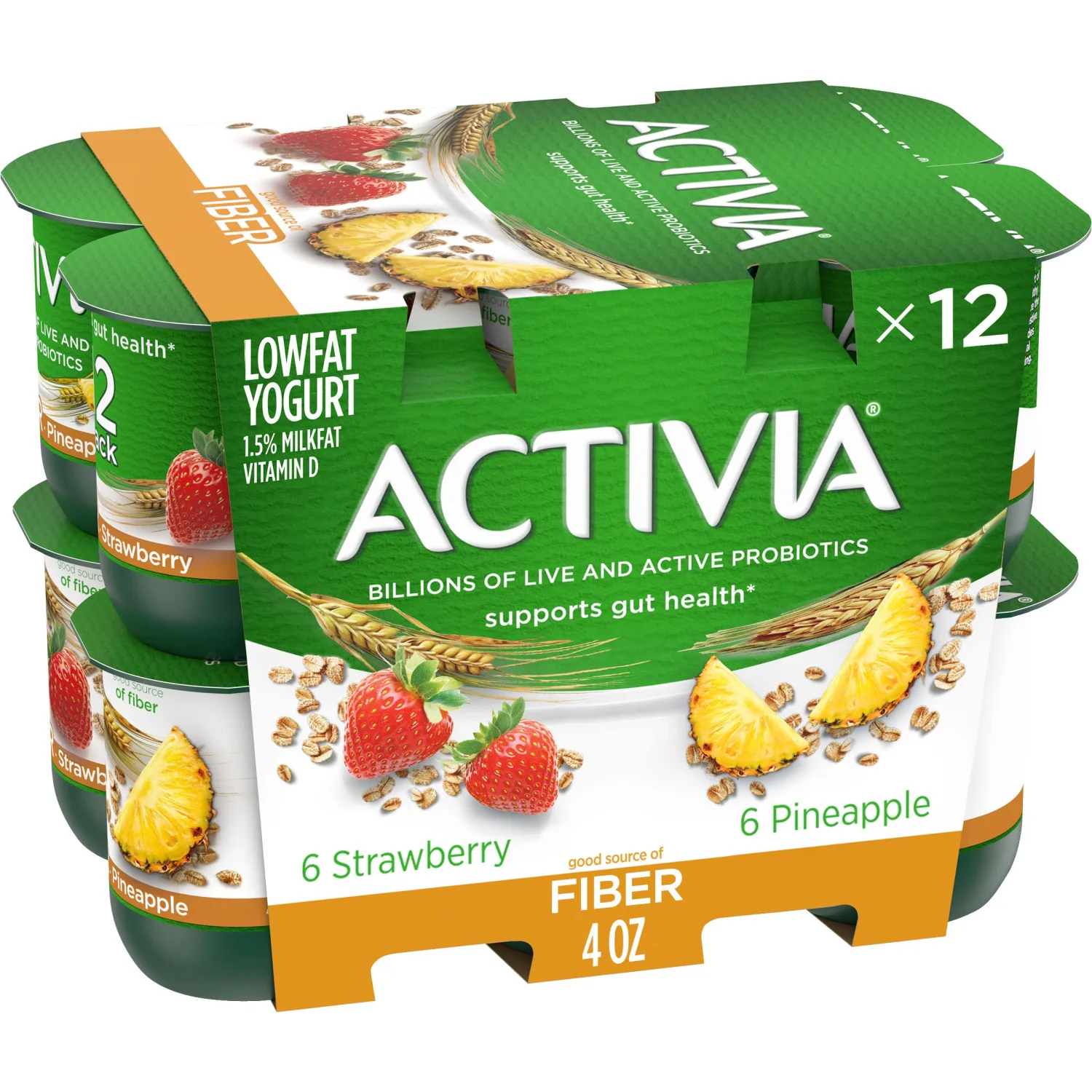 Activia Fiber Probiotic Low Fat Yogurt, Variety Pack, Strawberry & Pineapple, Non-GMO Project Verified, 4 oz., 12 Pack