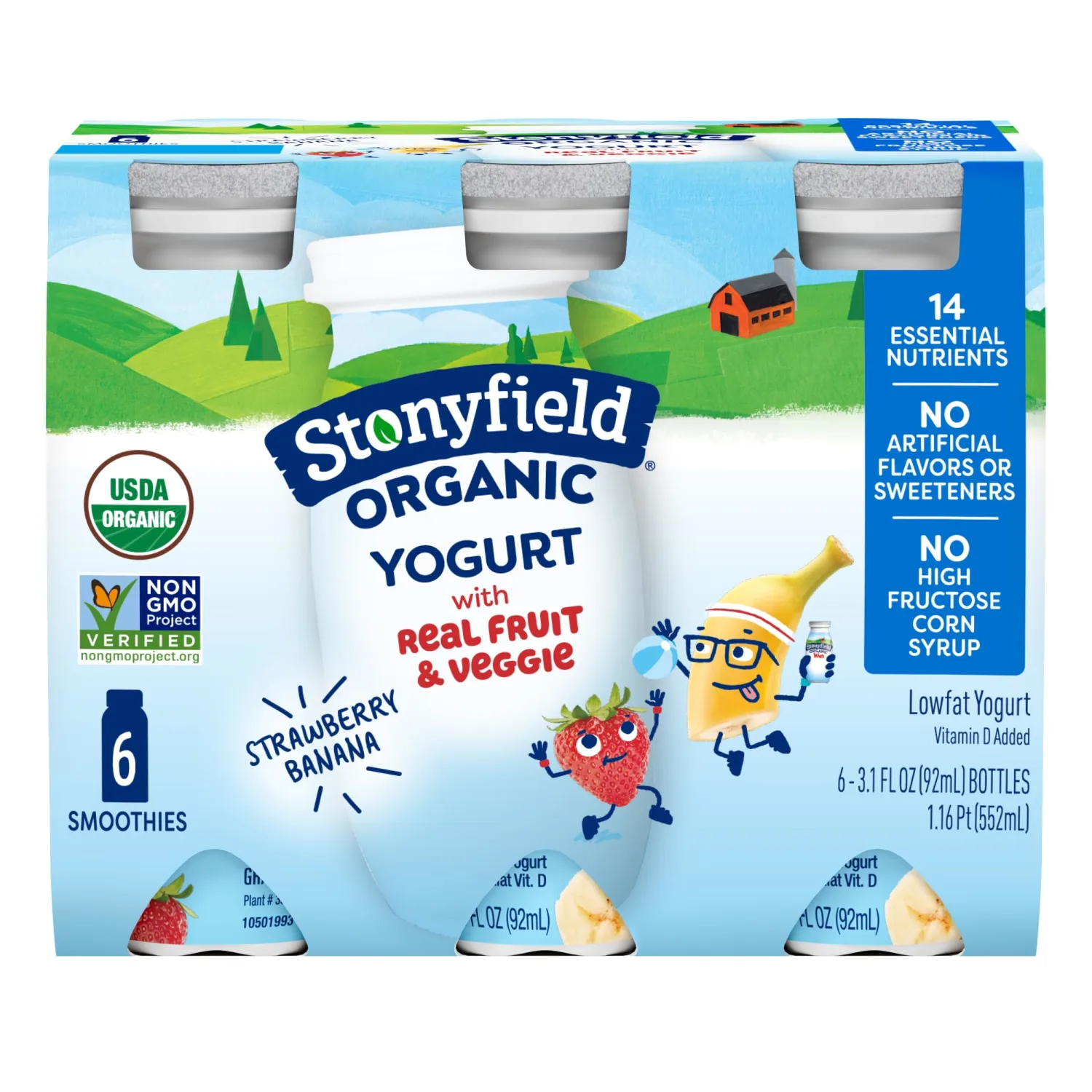 Stonyfield Organic Lowfat Yogurt Smoothies, Strawberry Banana, 3.1 oz., 6 Ct