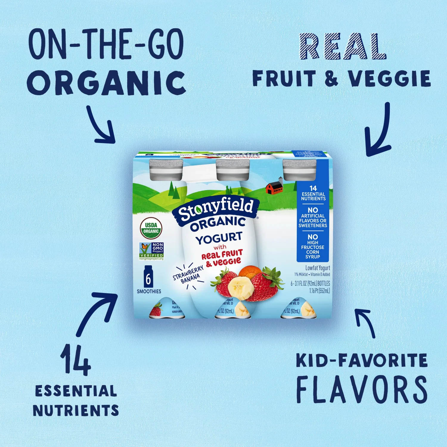 Stonyfield Organic Lowfat Yogurt Smoothies, Strawberry Banana, 3.1 oz., 6 Ct