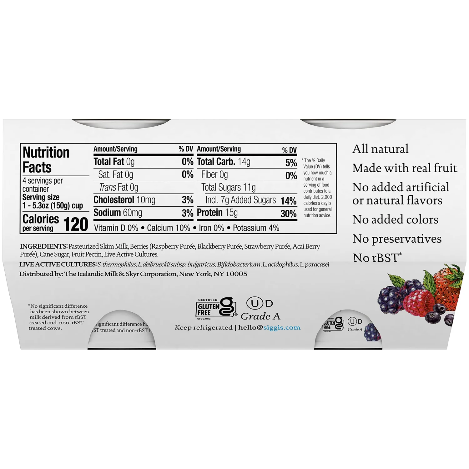 Siggi's Mixed Berries & Acai Non Fat Yogurt 4 Pack, 21.2 OZ