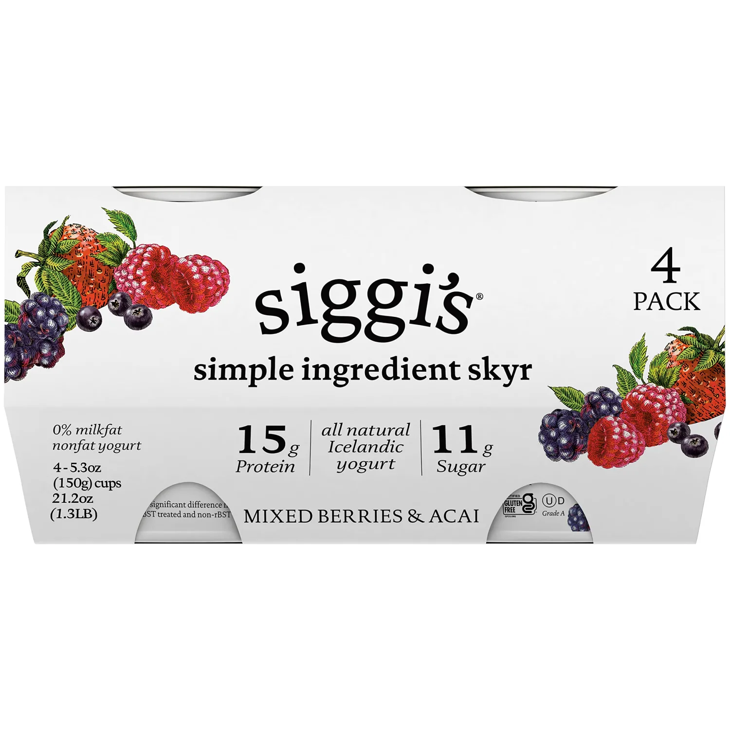 Siggi's Mixed Berries & Acai Non Fat Yogurt 4 Pack, 21.2 OZ