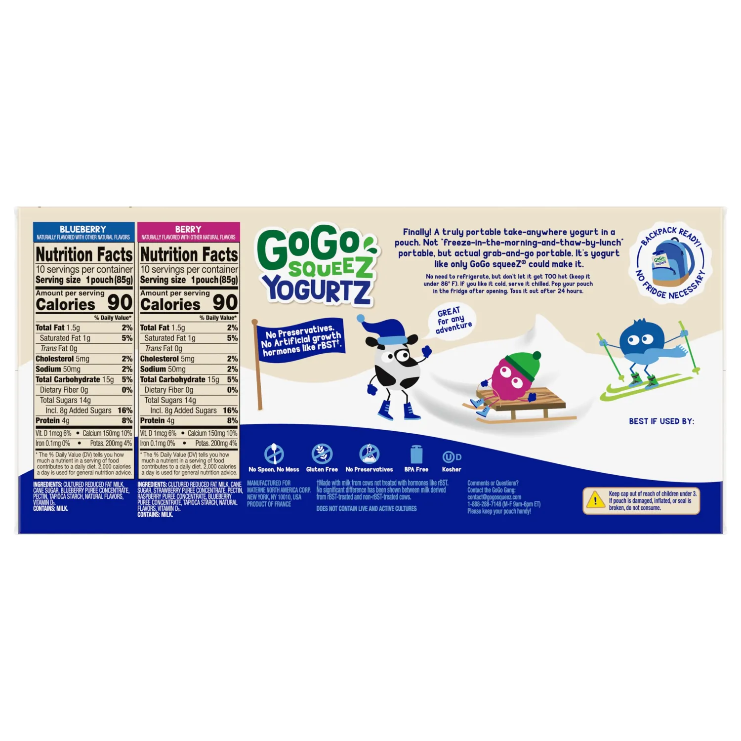 GoGo squeeZ yogurtZ Variety Pack, Blueberry & Berry, 3 oz (Pack of 20), Kids Snacks Made from Real Yogurt and Fruit, No Fridge Needed, Gluten Free, Nut Free, Recloseable Cap, BPA Free Pouches
