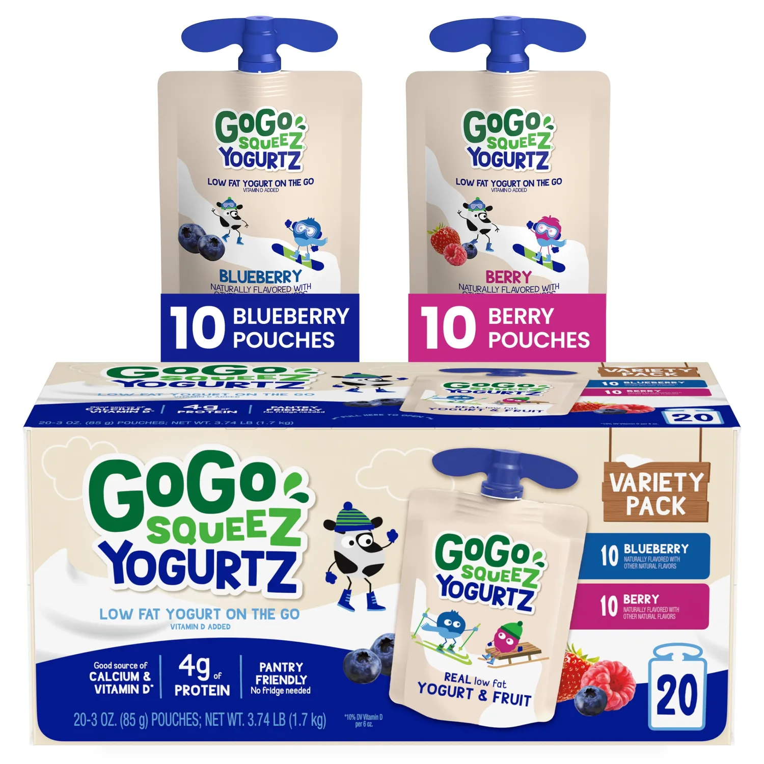 GoGo squeeZ yogurtZ Variety Pack, Blueberry & Berry, 3 oz (Pack of 20), Kids Snacks Made from Real Yogurt and Fruit, No Fridge Needed, Gluten Free, Nut Free, Recloseable Cap, BPA Free Pouches
