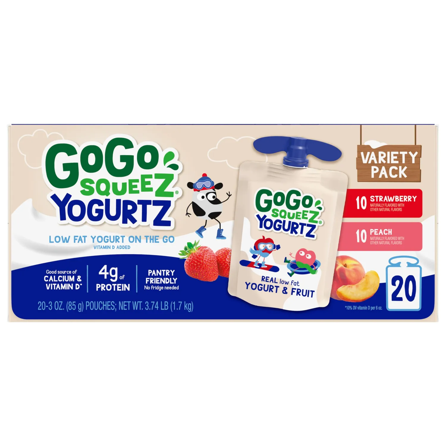 GoGo squeeZ YogurtZ Variety Pack, Strawberry & Peach, 3 oz (Pack of 20), Kids Snacks Made with Real Yogurt and Fruit, No Fridge Needed, Gluten Free, Nut Free, Recloseable Cap, BPA Free Pouches