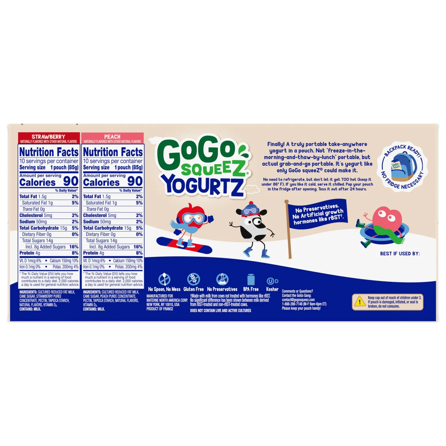 GoGo squeeZ YogurtZ Variety Pack, Strawberry & Peach, 3 oz (Pack of 20), Kids Snacks Made with Real Yogurt and Fruit, No Fridge Needed, Gluten Free, Nut Free, Recloseable Cap, BPA Free Pouches