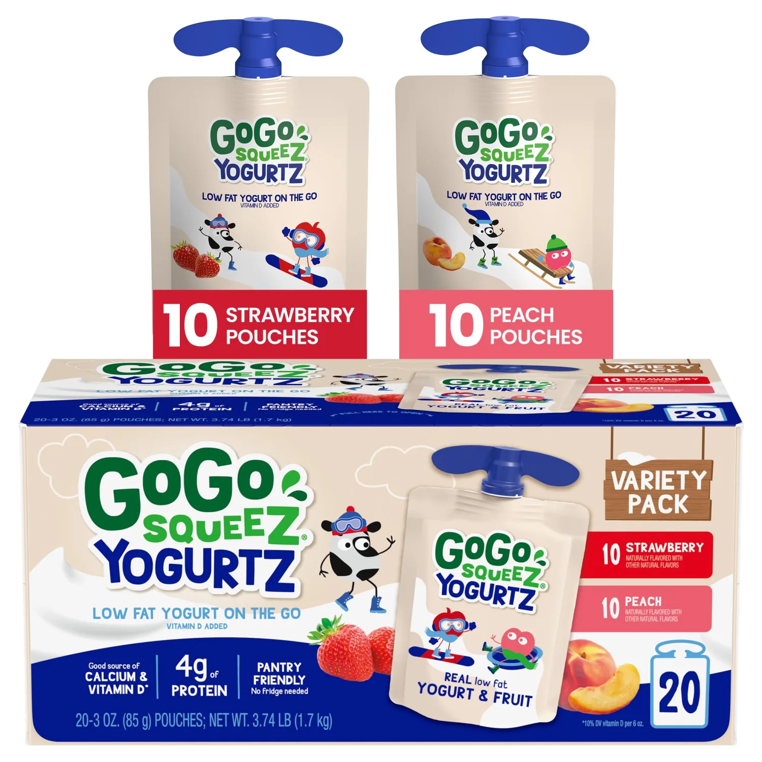 GoGo squeeZ YogurtZ Variety Pack, Strawberry & Peach, 3 oz (Pack of 20), Kids Snacks Made with Real Yogurt and Fruit, No Fridge Needed, Gluten Free, Nut Free, Recloseable Cap, BPA Free Pouches