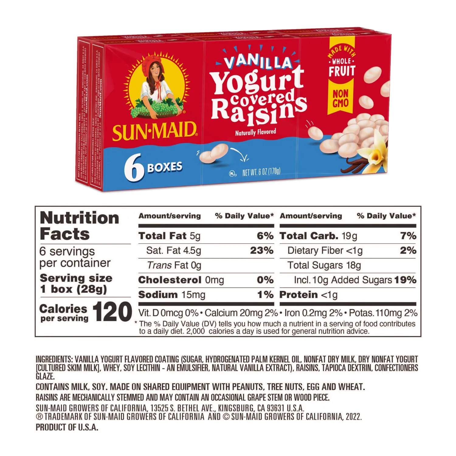 Sun-Maid Bundle Vanilla Yogurt Coated Raisins - (6 Pack) 1 oz Snack-Size Box + California Sun-Dried Raisins - (6 Pack) 1 oz Snack-Size Box