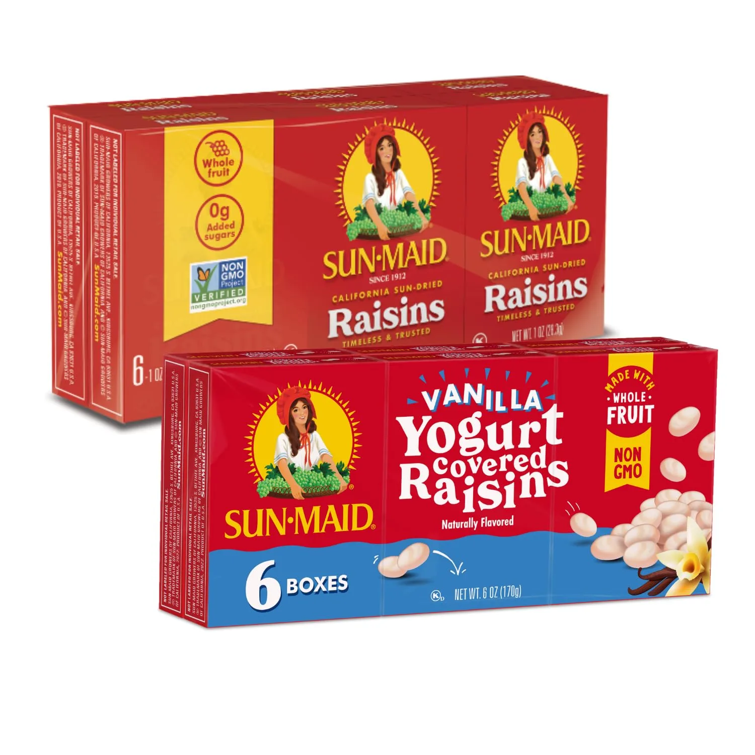 Sun-Maid Bundle Vanilla Yogurt Coated Raisins - (6 Pack) 1 oz Snack-Size Box + California Sun-Dried Raisins - (6 Pack) 1 oz Snack-Size Box