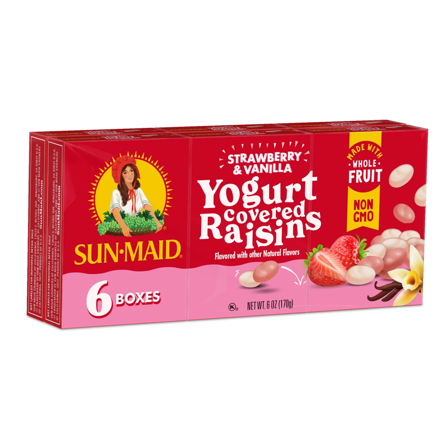 Sun-Maid Strawberry & Vanilla Yogurt Coated Raisins - (6 Pack) 1 oz Snack-Size Box - Yogurt Covered Dried Fruit Snack for Easter Basket Stuffers