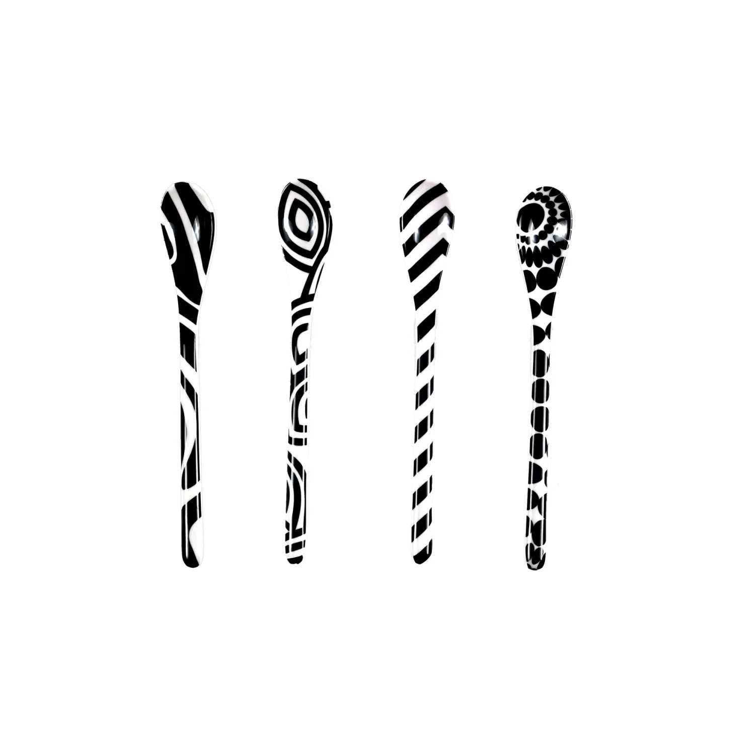 French Bull Melamine Assorted, Tablespoon, Spoon, Set of 4 for Coffee, Milk Powder, Seed, Spices, Ice Cream, Yogurt, Stirring, Mixing, Sugar, 7"" Dessert (Black/White)